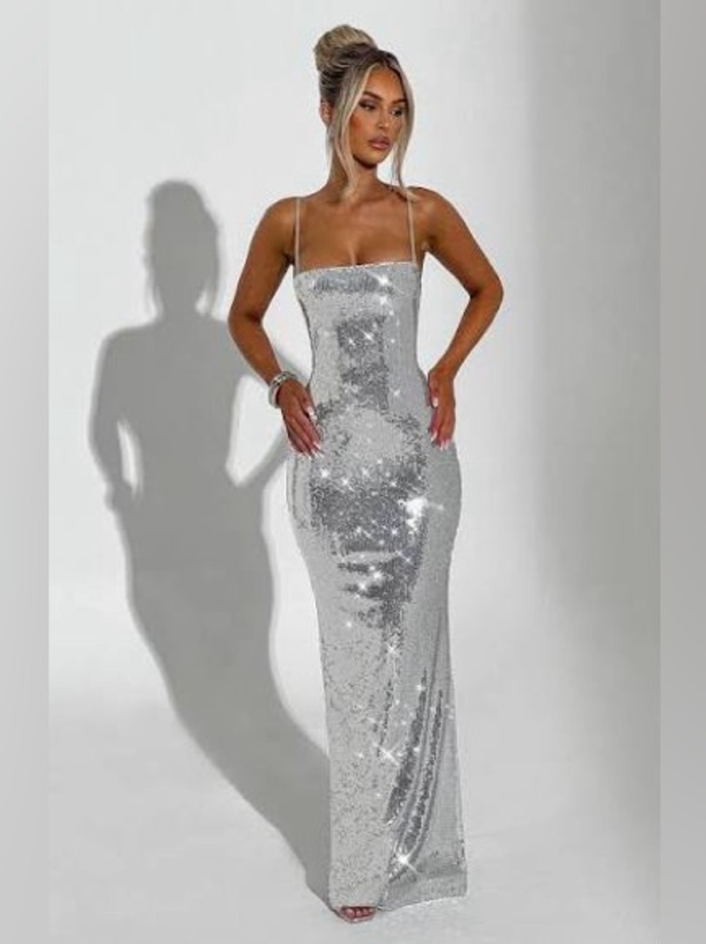 BABYBOO XS Silver Sequin Spaghetti-Strap Evening Gown